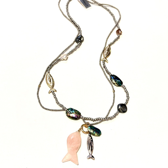 CHICO’S Convertible Two-Tone Abalone & Pink Quartz Fish Beaded Necklace Set-NWT - Picture 3 of 13